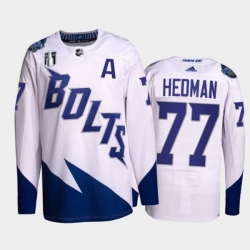 Men Tampa Bay Lightning 77 Victor Hedman 2022 White Stanley Cup Final Patch Stitched Jersey