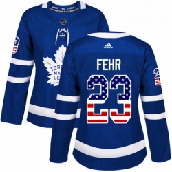 Womens Adidas Toronto Maple Leafs 23 Eric Fehr Authentic Royal Blue USA Flag Fashion NHL Jersey 