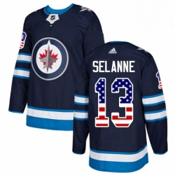 Mens Adidas Winnipeg Jets 13 Teemu Selanne Authentic Navy Blue USA Flag Fashion NHL Jersey 