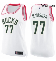 Womens Nike Milwaukee Bucks 77 Ersan Ilyasova Swingman White Pink Fashion NBA Jersey 