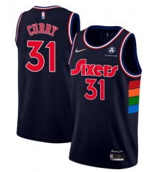 Men Philadelphia 76ers 31 Seth Curry 2021 22 City Edition Navy 75th Anniversary Stitched Swingman Jersey