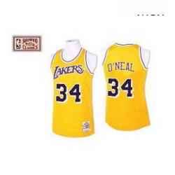 Mens Mitchell and Ness Los Angeles Lakers 34 Shaquille ONeal Authentic Gold Throwback NBA Jersey