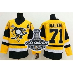 Penguins #71 Evgeni Malkin Yellow Throwback 2017 Stanley Cup Finals Champions Stitched NHL Jersey