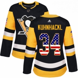 Womens Adidas Pittsburgh Penguins 34 Tom Kuhnhackl Authentic Black USA Flag Fashion NHL Jersey 