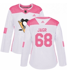 Womens Adidas Pittsburgh Penguins 68 Jaromir Jagr Authentic WhitePink Fashion NHL Jersey 