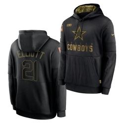 Men Dallas Cowboys 21 Ezekiel Elliott 2020 Salute To Service Black Sideline Performance Pullover Hoodie