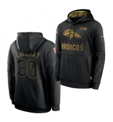 Men Denver Broncos 30 Phillip Lindsay 2020 Salute To Service Black Sideline Performance Pullover Hoodie