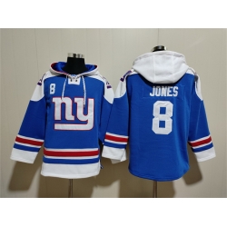 Men New York Giants 8 Daniel Jones Blue Ageless Must Have Lace Up Pullover Hoodie