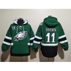 Men Philadelphia Eagles 11 A J  Brown Green Ageless Must Have Lace Up Pullover Hoodie