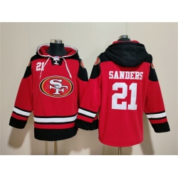 Men San Francisco 49ers 21 Deion Sanders Red Black Ageless Must Have Lace Up Pullover Hoodie