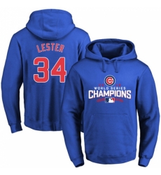 MLB Men Chicago Cubs 34 Jon Lester Royal 2016 World Series Champions Walk Pullover Hoodie