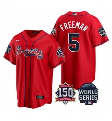 Men Atlanta Braves 5 Freddie Freeman 2021 Red World Series With 150th Anniversary Patch Cool Base Stitched Jersey