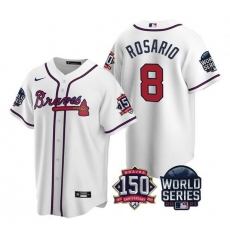 Men Atlanta Braves 8 Eddie Rosario 2021 White World Series With 150th Anniversary Patch Cool Base Stitched Jersey