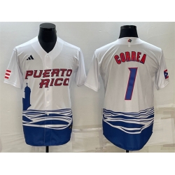 Men Puerto Rico Baseball 1 Carlos Correa 2023 White World Baseball Classic Replica Stitched Jersey