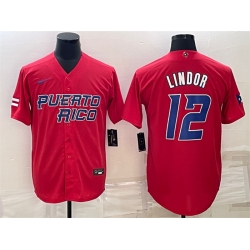 Men Puerto Rico Baseball 12 Francisco Lindor 2023 Red World Baseball Classic Replica Stitched Jersey