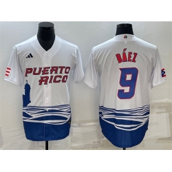 Men Puerto Rico Baseball 9 Javier Baez 2023 White World Baseball Classic Replica Stitched Jersey