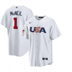 Men USA Baseball 1 Jeff McNeil 2023 White World Baseball Classic Replica Stitched Jersey