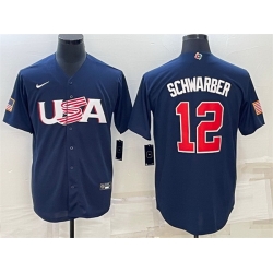 Men USA Baseball 12 Kyle Schwarber 2023 Navy World Baseball Classic Replica Stitched Jersey