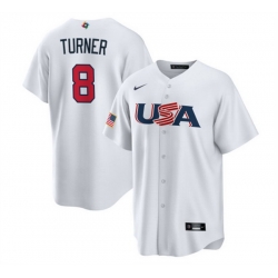 Men USA Baseball 8 Trea Turner 2023 White World Baseball Classic Replica Stitched Jersey