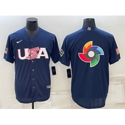 Men USA Baseball Blank 2023 Navy World Baseball Big Logo With Patch Classic Replica Stitched Jersey