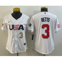 Women's USA Baseball #3 Mookie Betts Number 2023 White World Classic Replica Stitched Jersey