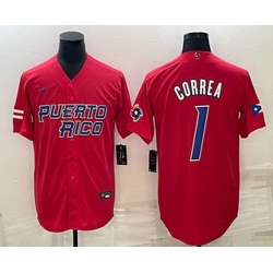 Men's Puerto Rico Baseball #1 Carlos Correa 2023 Red World Baseball Classic Stitched Jerseys