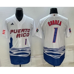 Mens Puerto Rico Baseball #1 Carlos Correa Number White 2023 World Baseball Classic Stitched Jersey