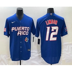 Men's Puerto Rico Baseball #12 Francisco Lindor 2023 Royal World Classic Stitched Jersey