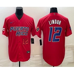 Mens Puerto Rico Baseball #12 Francisco Lindor Number 2023 Red World Baseball Classic Stitched Jersey