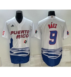 Men's Puerto Rico Baseball #9 Javier Baez White 2023 World Baseball Classic Stitched Jerseys