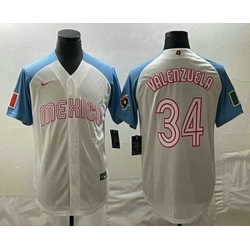 Men's Mexico Baseball #34 Fernando Valenzuela 2023 White Blue World Classic Stitched Jersey