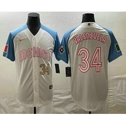 Men's Mexico Baseball #34 Fernando Valenzuela Number 2023 White Blue World Classic Stitched Jersey