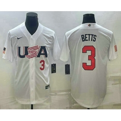 Mens USA Baseball #3 Mookie Betts Number 2023 White World Baseball Classic Replica Stitched Jersey