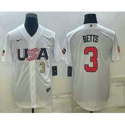 Men's USA Baseball #3 Mookie Betts Number 2023 White World Baseball Classic Replica Stitched Jersey