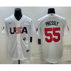 Men's USA Baseball #55 Ryan Pressly 2023 White World Baseball Classic Stitched Jersey