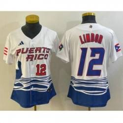 Womens Puerto Rico Baseball 12 Francisco Lindor Number 2023 White World Classic Stitched Jerseys