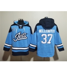 Men Winnipeg Jets 37 Connor Hellebuyck Blue Lace Up Pullover Hoodie