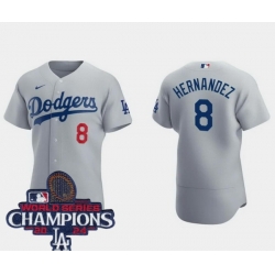 Men Nike Los Angeles Dodgers Enrique Hernandez #8 Gray Flex Base 2024 World Series Champions Stitched MLB Jersey