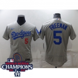 Men Nike Los Angeles Dodgers Freddie Freeman #5 Gray Flex Base 2024 World Series Champions Stitched MLB Jersey