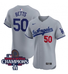 Men Nike Los Angeles Dodgers Mookie Betts #50 Gray Flex Base 2024 World Series Champions Stitched MLB Jersey