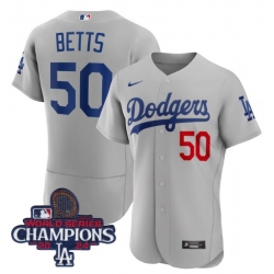 Women Nike Los Angeles Dodgers Mookie Betts #50 Gray Flex Base 2024 World Series Champions Stitched MLB Jersey II