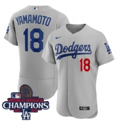 Women Nike Los Angeles Dodgers Yoshinobu Yamamoto #18 Gray Flex Base 2024 World Series Champions Stitched MLB Jersey