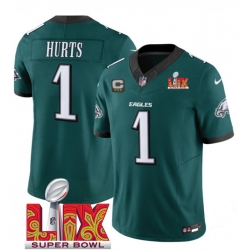 Men Philadelphia Eagles 1 Jalen Hurts Green 2025 Super Bowl LIX Patch With 3 Star C Patch New F U S E  Vapor Untouchable Limited Stitched Football Jersey