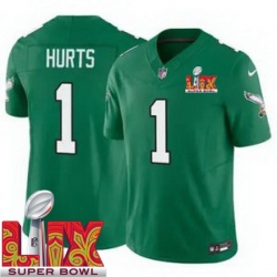 Men Philadelphia Eagles Jalen Hurts #1 Kelly Green 2024 2025 Super Bowl LIX F U S E Stitched NFL Jersey