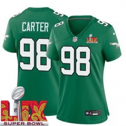 Women Philadelphia Eagles Jalen Carter #98 Kelly Green 2024 2025 Super Bowl LIX F U S E Stitched NFL Jersey