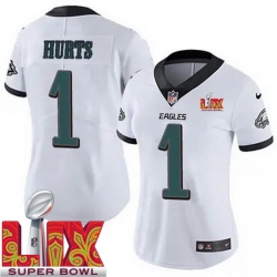 Women Philadelphia Eagles Jalen Hurts #1 White 2024 2025 Super Bowl LIX F U S E Stitched NFL Jersey