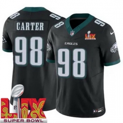 Youth Philadelphia Eagles Jalen Carter #98 Black 2024 2025 Super Bowl LIX F U S E Stitched NFL Jersey